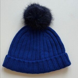 J.Crew Ribbed Beanie With Faux-Fur Pom-Pom- NWT- Royal Blue- One Size